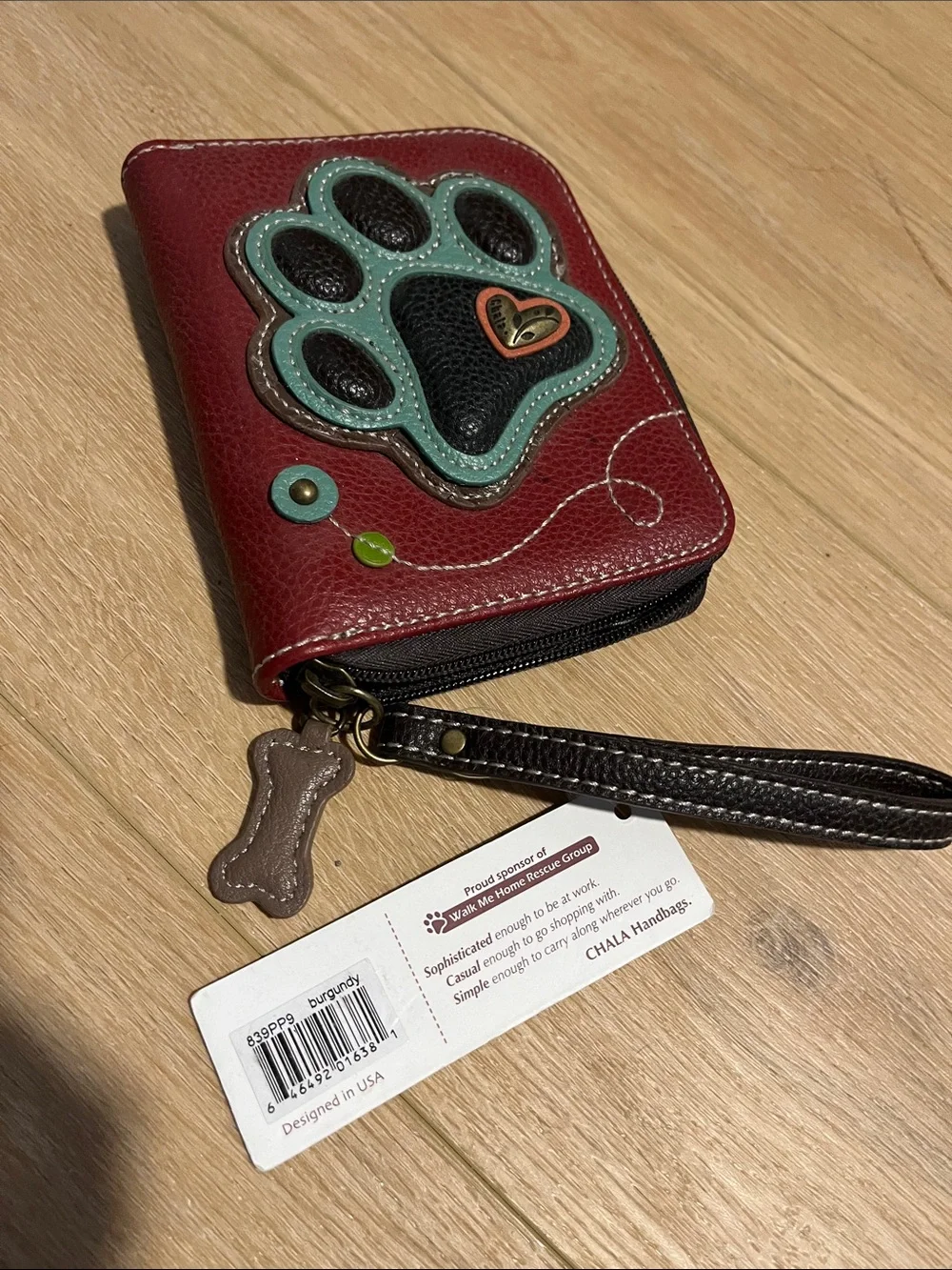 Chala Burgundy Wallet Wristlet with Teal and Black Paw Applique